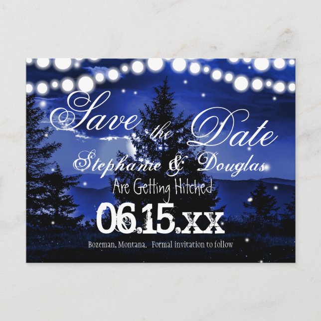 Blue Tree Twinkle Lights Save the Date Postcards (Front)