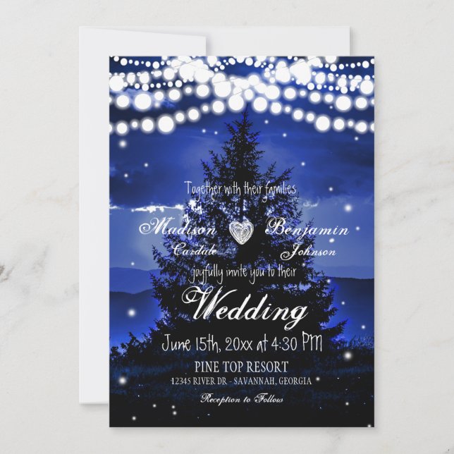 Blue Tree Twinkle Lights Wedding Invitation (Front)