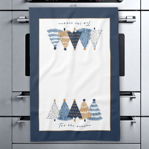 Blue Trees Modern Simple Christmas Holiday Name Kitchen Towel