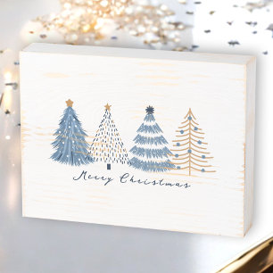 Blue Trees Modern Simple Christmas Holiday Wooden Box Sign