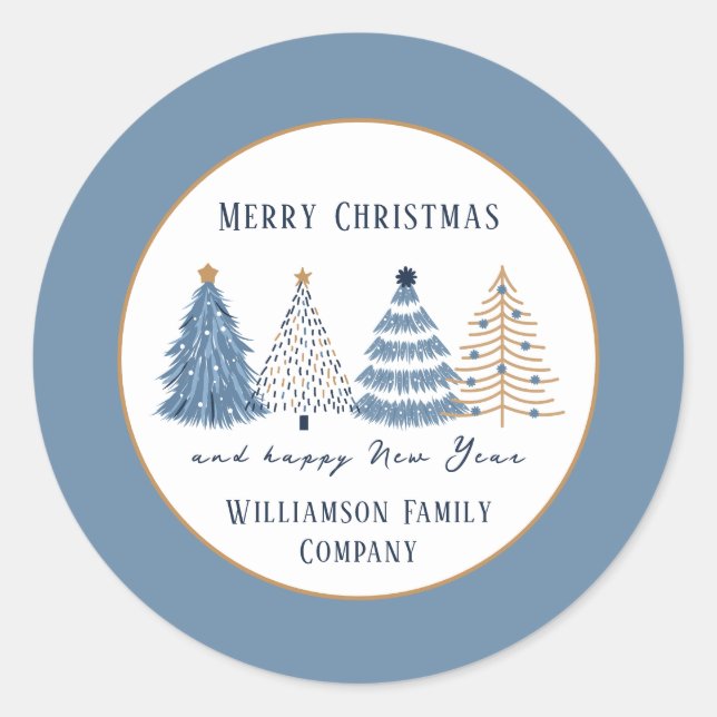 Blue Trees Modern Text Name Christmas Holiday Classic Round Sticker (Front)