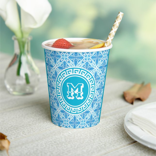 Blue Trellis Print Modern White Text Paper Cups (Insitu)
