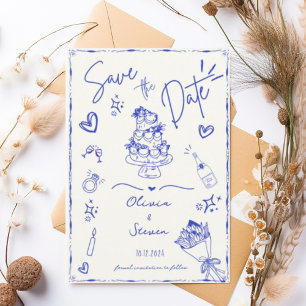 Blue Trendy Hand Drawn Scribble Fun Save the Date Invitation
