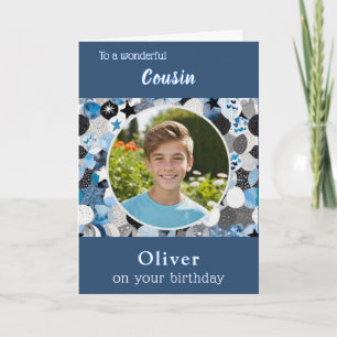 Blue Trendy Modern Cousin Birthday Custom Photo Card