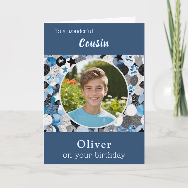 Blue Trendy Modern Cousin Birthday Custom Photo Card (Front)