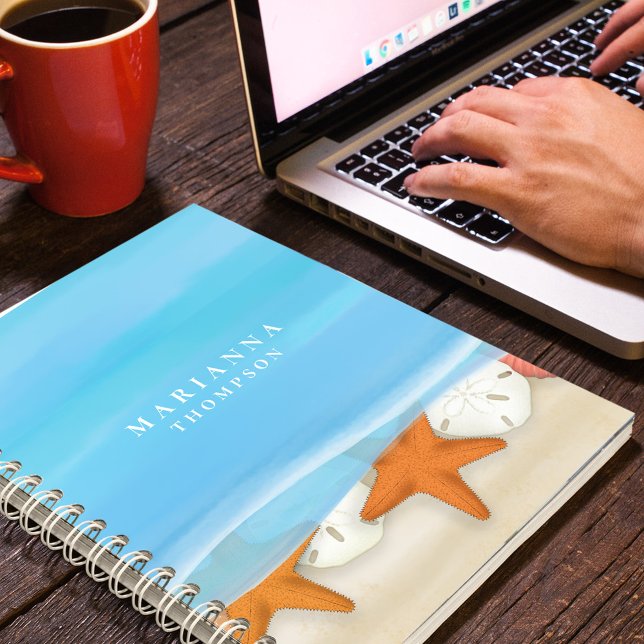 Blue Trendy Ocean Watercolor Personalized Notebook (watercolor blue water with seashells and sand. )