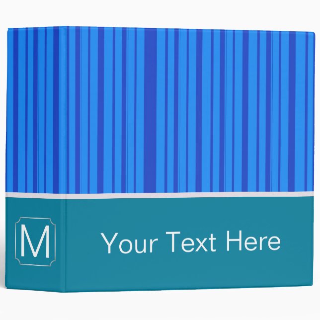 Blue Trendy Stripes Pattern. Custom Monogram 2 Binder (Front/Spine)