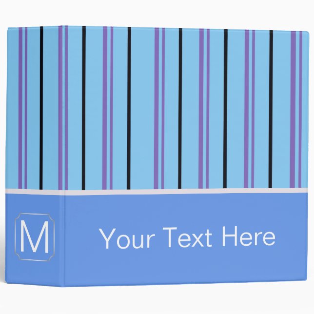 Blue Trendy Stripes Pattern. Custom Monogram Binder (Front/Spine)