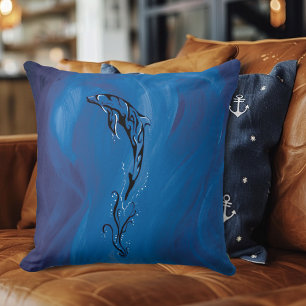 Blue Tribal Dolphin Throw Pillow