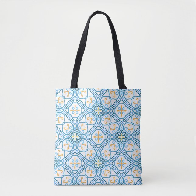 Blue tribal ethnic seamless pattern tote bag (Front)