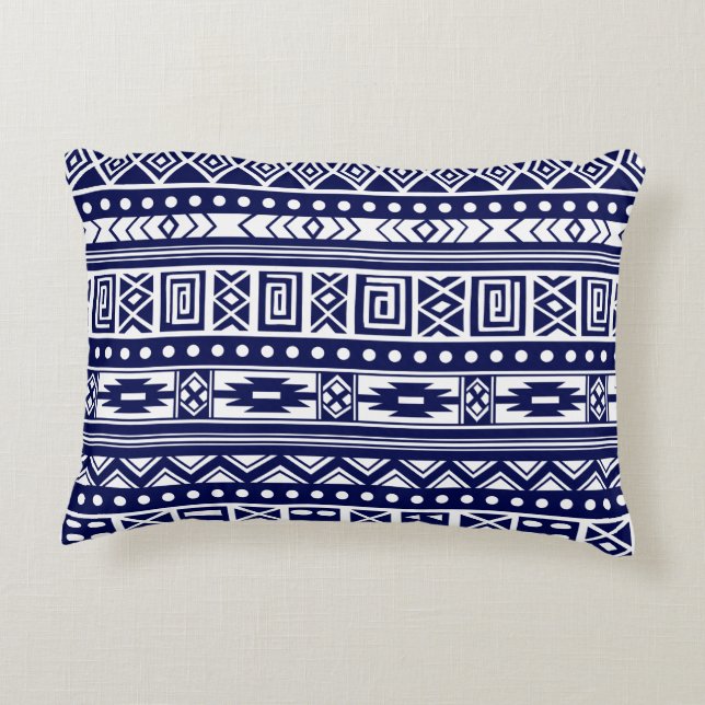Blue Tribal Geometric Pattern Decorative Pillow (Back)