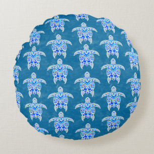 Blue Tribal Honu Sea Turtles Round Pillow