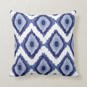 Blue Tribal Ikat Diamond White Chevron Throw Pillow