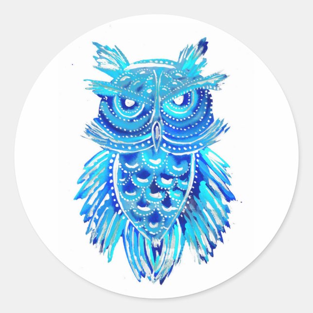 Blue Tribal Owl Classic Round Sticker (Front)