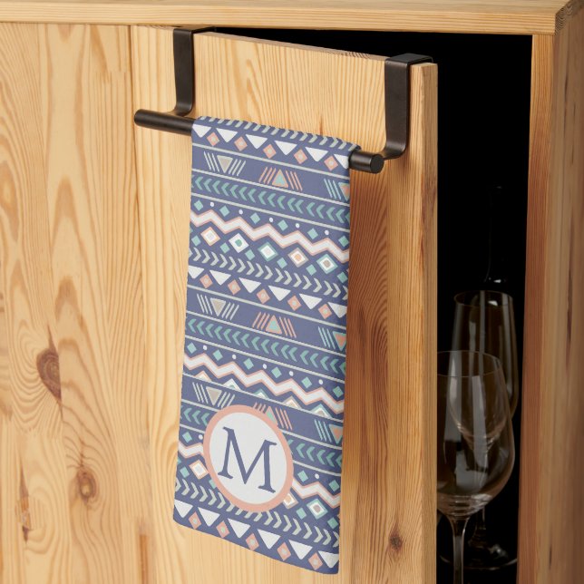 Blue Tribal Pattern Monogram Kitchen Towel (Thirds Fold)