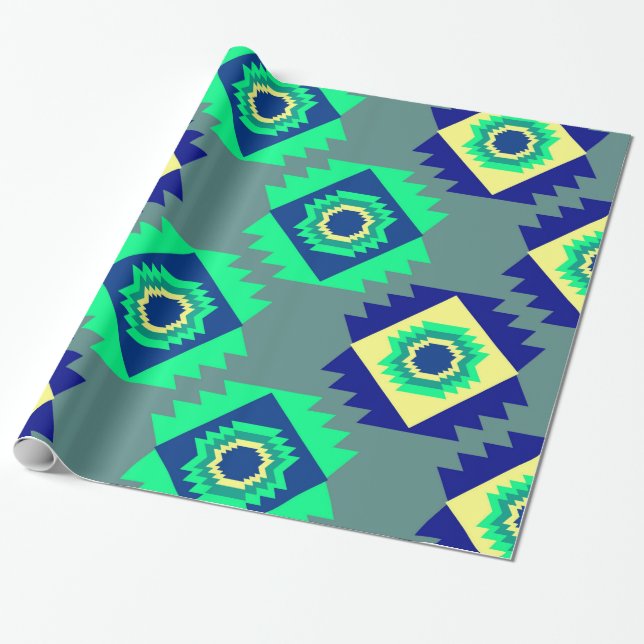 Blue tribal shapes wrapping paper (Unrolled)