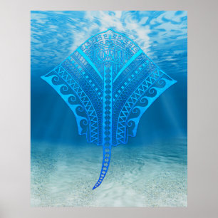 Blue Tribal Stingray Poster