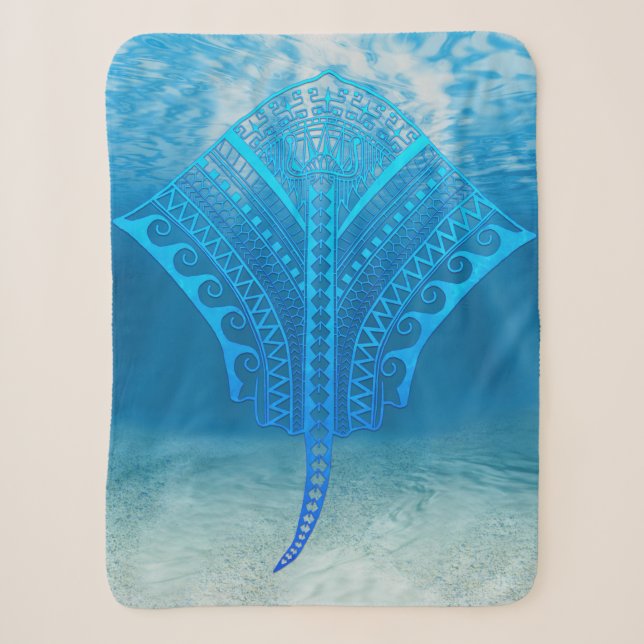 Blue Tribal Stingray Sherpa Blanket (Front)