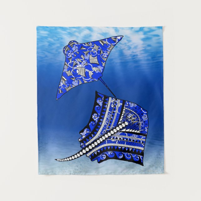 Blue Tribal Stingrays Tapestry (Front)