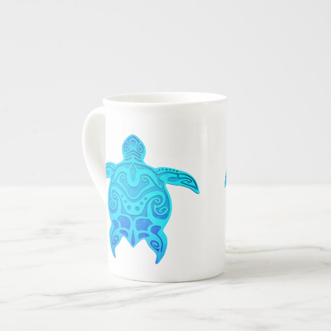 Blue Tribal Turtle Bone China Mug (Front Left)