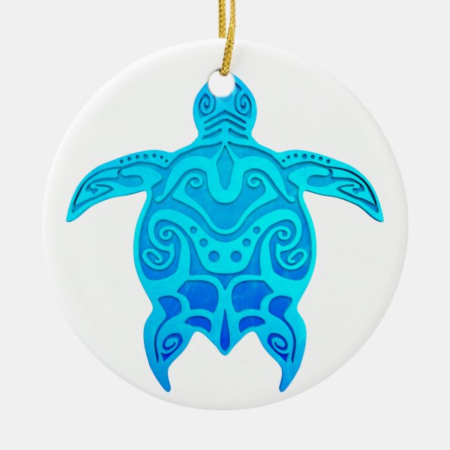 Blue Tribal Turtle Ceramic Ornament (Front)