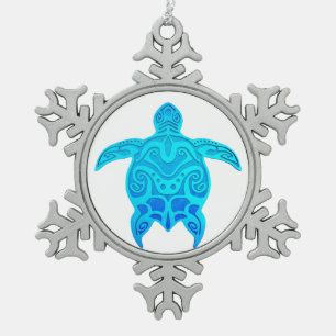 Blue Tribal Turtle Snowflake Pewter Christmas Ornament