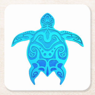 Blue Tribal Turtle Square Paper Coaster