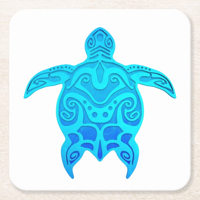 Blue Tribal Turtle Square Paper Coaster (Front)