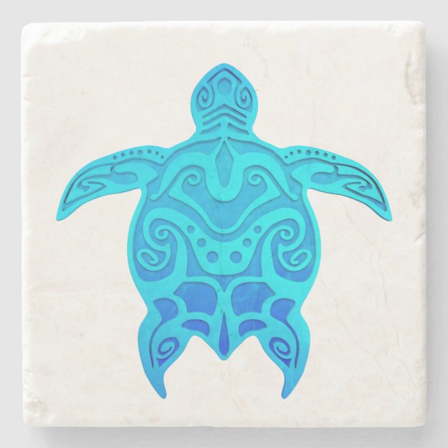 Blue Tribal Turtle Stone Coaster (Front)