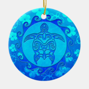 Blue Tribal Turtle Sun Ceramic Ornament