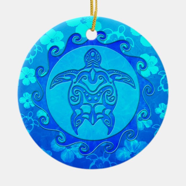 Blue Tribal Turtle Sun Ceramic Ornament (Front)