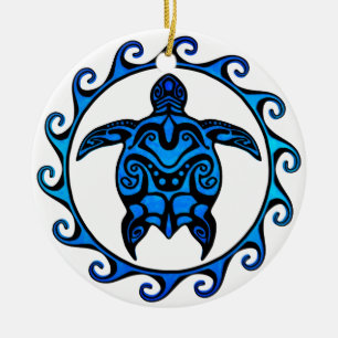Blue Tribal Turtle Sun Ceramic Ornament