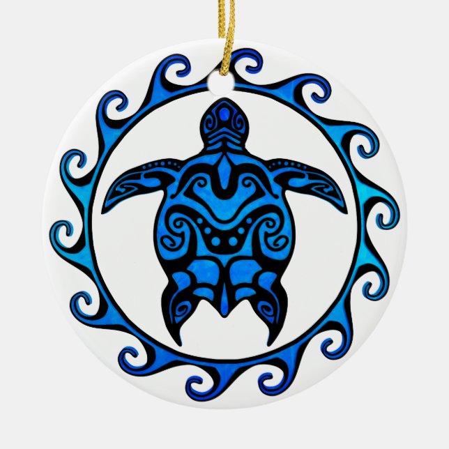 Blue Tribal Turtle Sun Ceramic Ornament (Front)