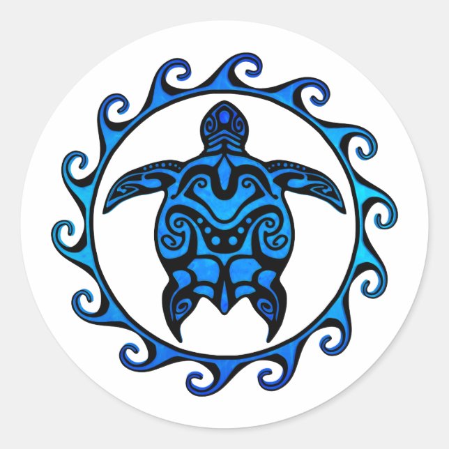 Blue Tribal Turtle Sun Classic Round Sticker (Front)
