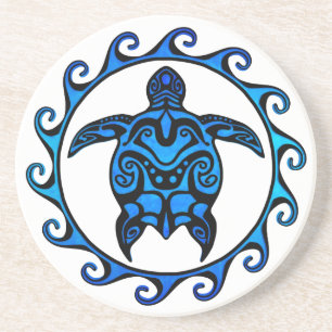 Blue Tribal Turtle Sun Coaster