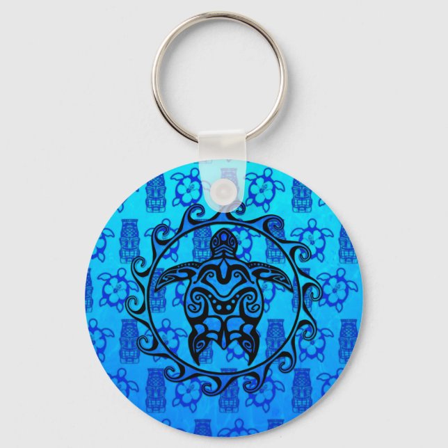 Blue Tribal Turtle Sun Keychain (Front)