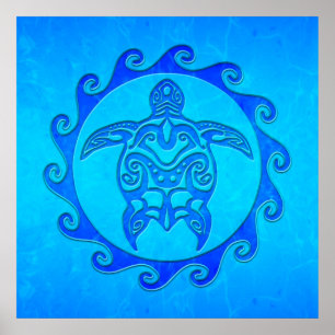 Blue Tribal Turtle Sun Poster