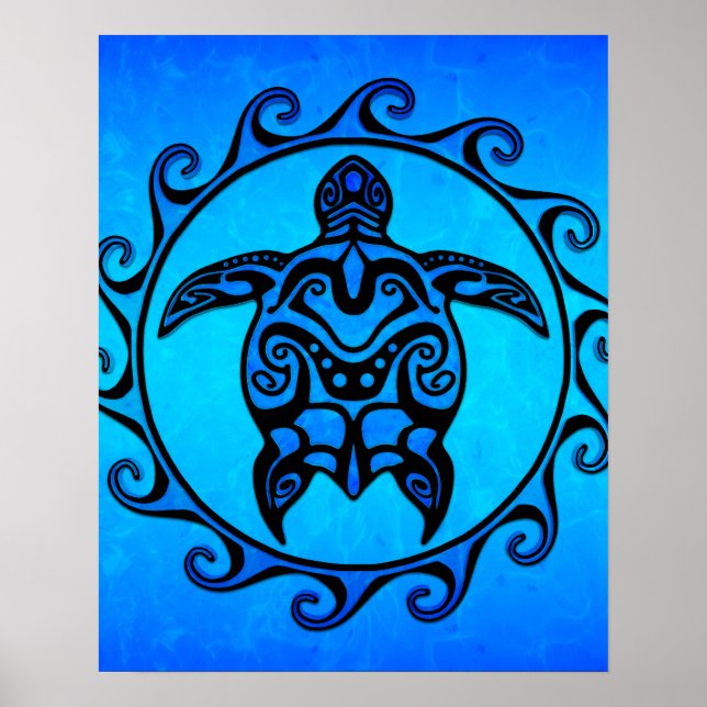 Blue Tribal Turtle Sun Poster (Front)