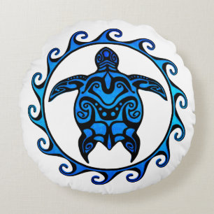 Blue Tribal Turtle Sun Round Pillow