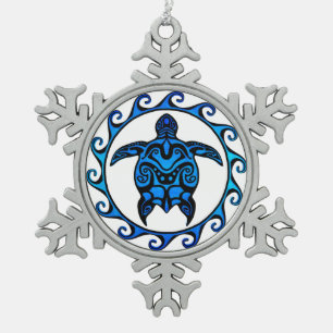 Blue Tribal Turtle Sun Snowflake Pewter Christmas Ornament