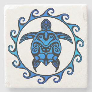 Blue Tribal Turtle Sun Stone Coaster