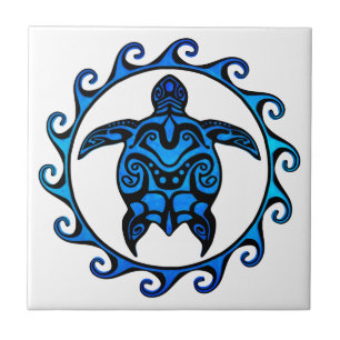 Blue Tribal Turtle Sun Tile
