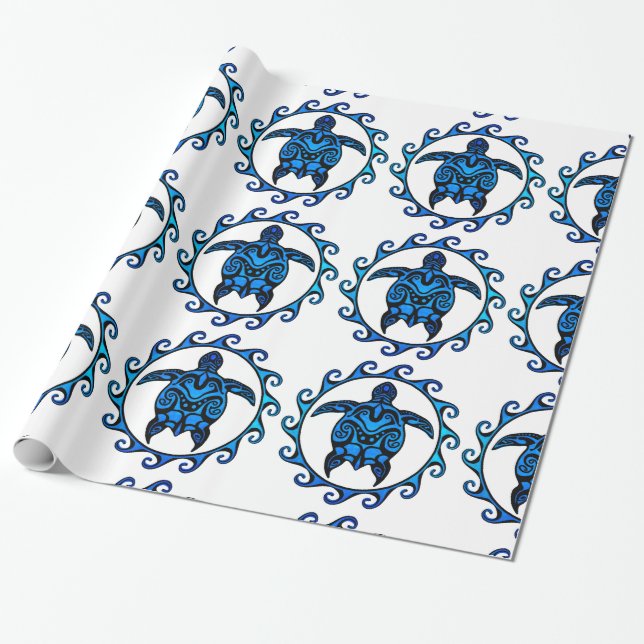 Blue Tribal Turtle Sun Wrapping Paper (Unrolled)