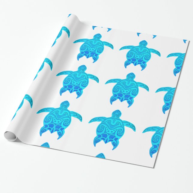 Blue Tribal Turtle Wrapping Paper (Unrolled)