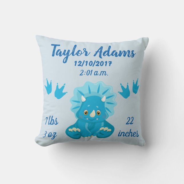 Blue Triceratops Dinosaur Birth Stats Nursery Throw Pillow (Front)