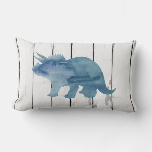 Blue Triceratops Dinosaur Shiplap Rustic Decor Lumbar Pillow