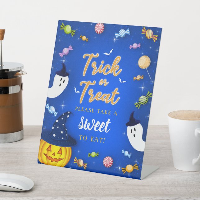 Blue Trick or Treat Halloween Please Take One Pedestal Sign (In SItu)