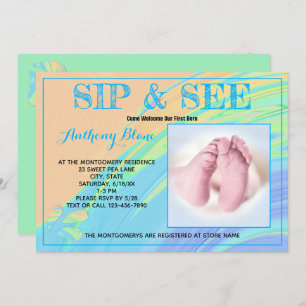 Blue Trim Pastel Abstract Sip and See Custom Photo Invitation