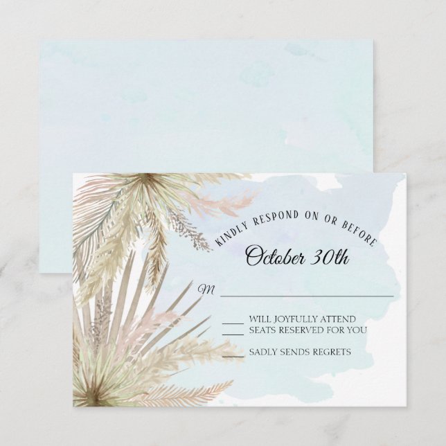 Blue Tropical Beach Boho Jungle Leaf Foliage Invitation (Front/Back)