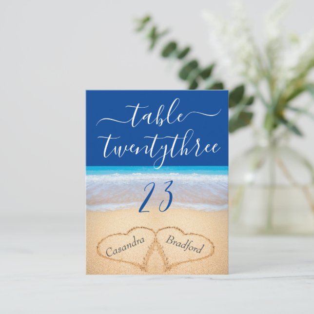 Blue Tropical Beach Hearts Mariage Numéro de table (Debout devant)